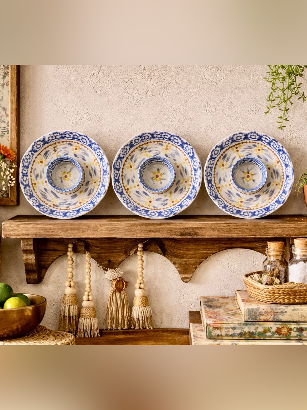 Patterned ceramic dishes/ candle holders (set of 3);  Boho Farmhouse Decor